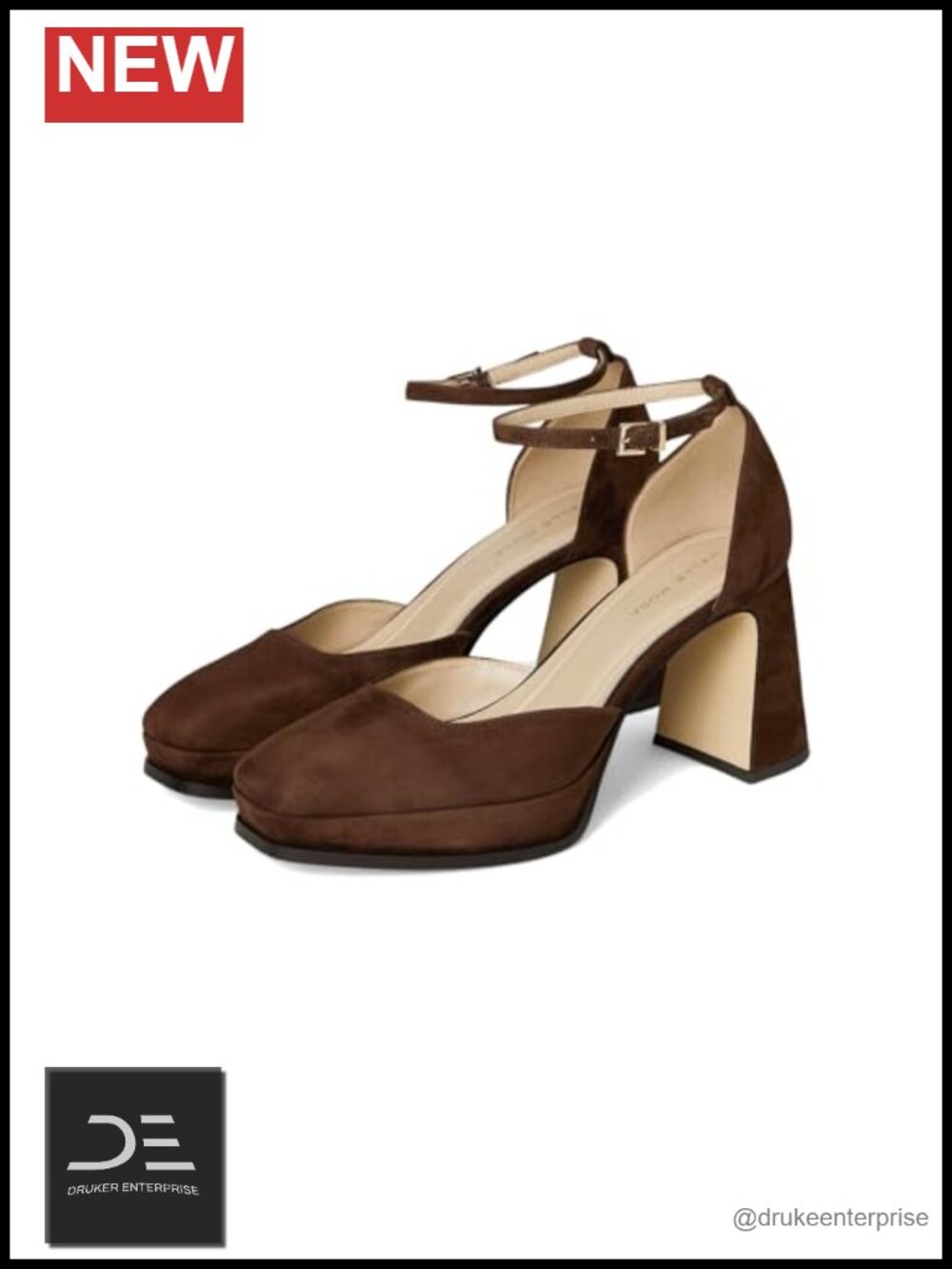 Suede Platform Heels Ankle Strap Square Toe